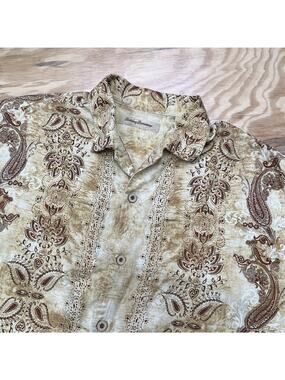 Tommy Bahama Silk Paisley Hawaiian Camp Shirt Mens Large Beige Beachy Resort